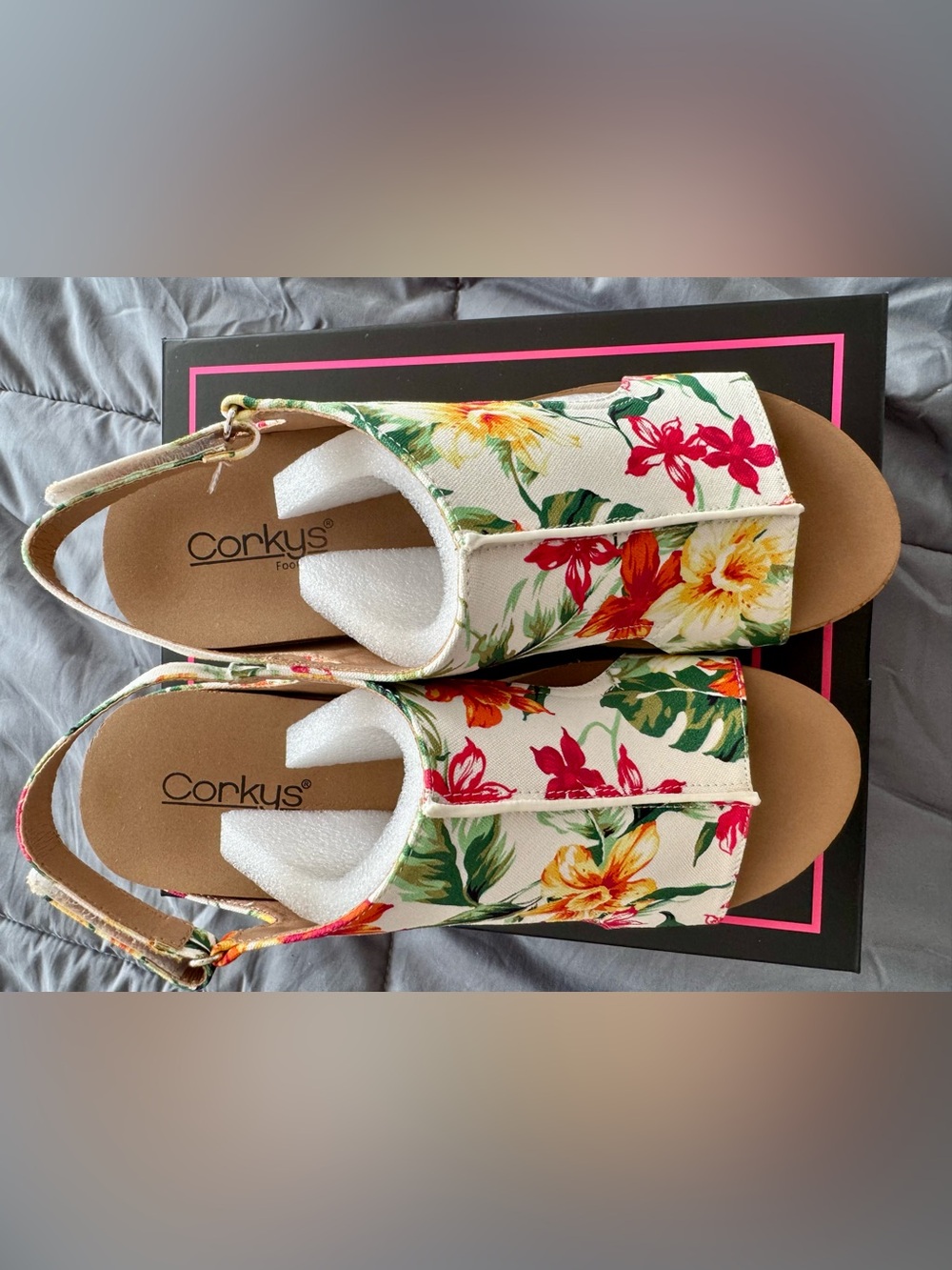 Corkys Floral Print Wedge Sandals - White with Red & Yellow Blooms